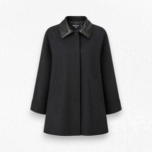 Vintage 80s Black Wool Cocoon Coat Faux Leather Contrast Trim USA Made Size 12